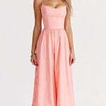 Women’s sleeveless midi dress, soft peach-pink with thin straps and gathered skirt
