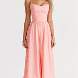 Women’s sleeveless midi dress, soft peach-pink with thin straps and gathered skirt