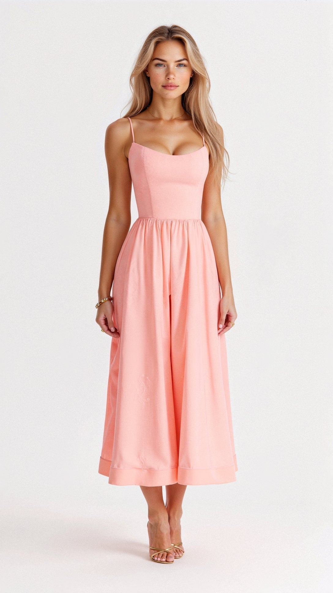 Women’s sleeveless midi dress, soft peach-pink with thin straps and gathered skirt