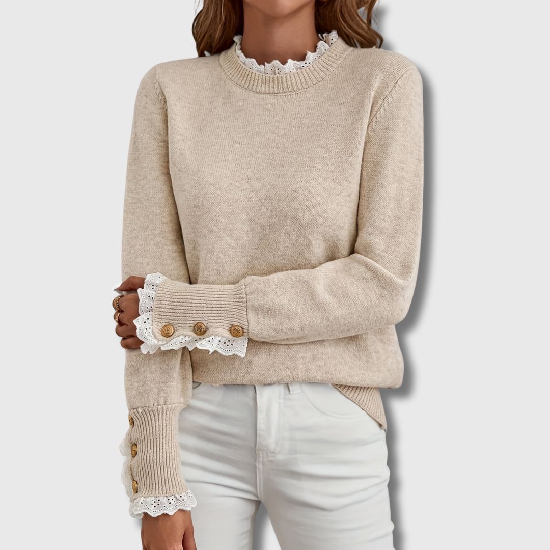Beige crewneck lace sweater with buttoned lace cuffs and long sleeves