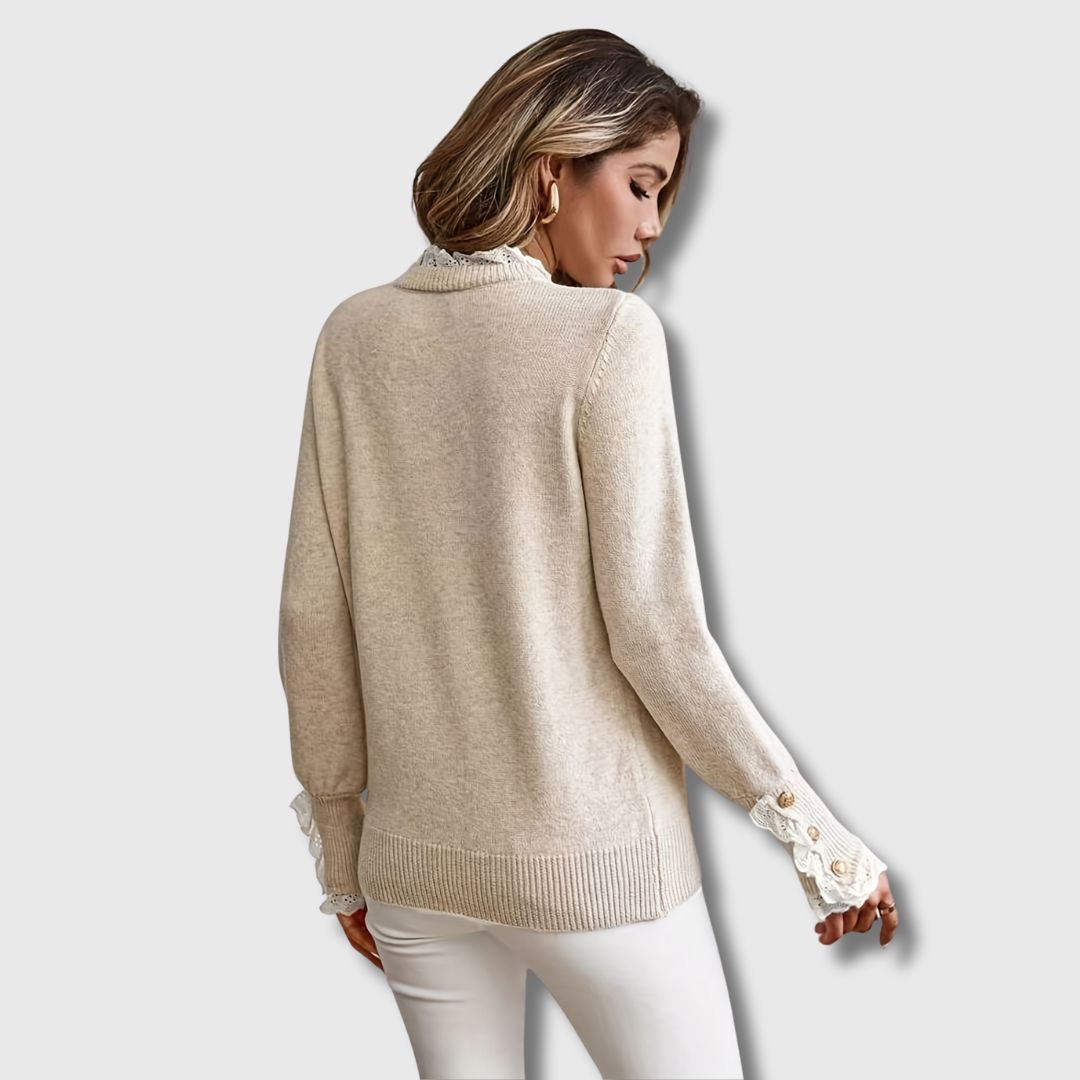 Back view of beige crewneck lace-trim pullover with long sleeves