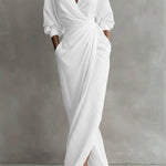 White wrap maxi dress with V-neck, gathered waist and long puff sleeves