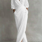 White wrap maxi dress with V-neck, gathered waist and long puff sleeves