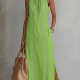 Lime green sleeveless midi dress with Mao collar and embroidered vertical trim