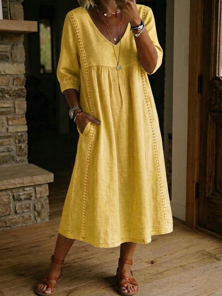 Antonia A-line maxi dress in mustard yellow, V-neck, 3/4 sleeves, pleated skirt.