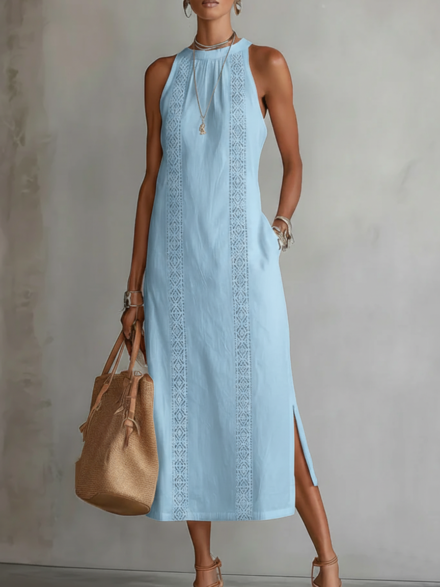 Light blue sleeveless midi dress with Mao collar and embroidered vertical panels