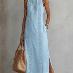 Light blue sleeveless midi dress with Mao collar and embroidered vertical panels