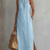 Light blue sleeveless midi dress with Mao collar and embroidered vertical panels