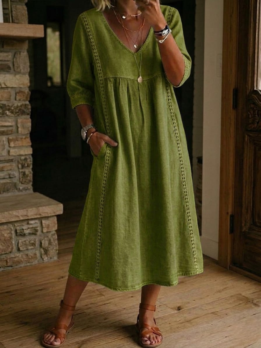 Antonia A-line maxi dress in olive green, V-neck, 3/4 sleeves, gathered waist.