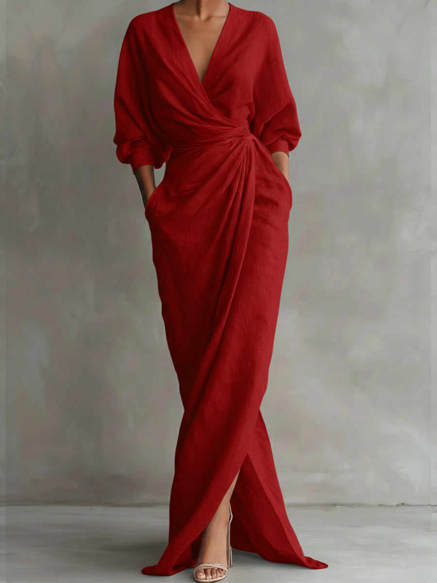Red wrap maxi dress with V-neck, gathered waist and long puff sleeves
