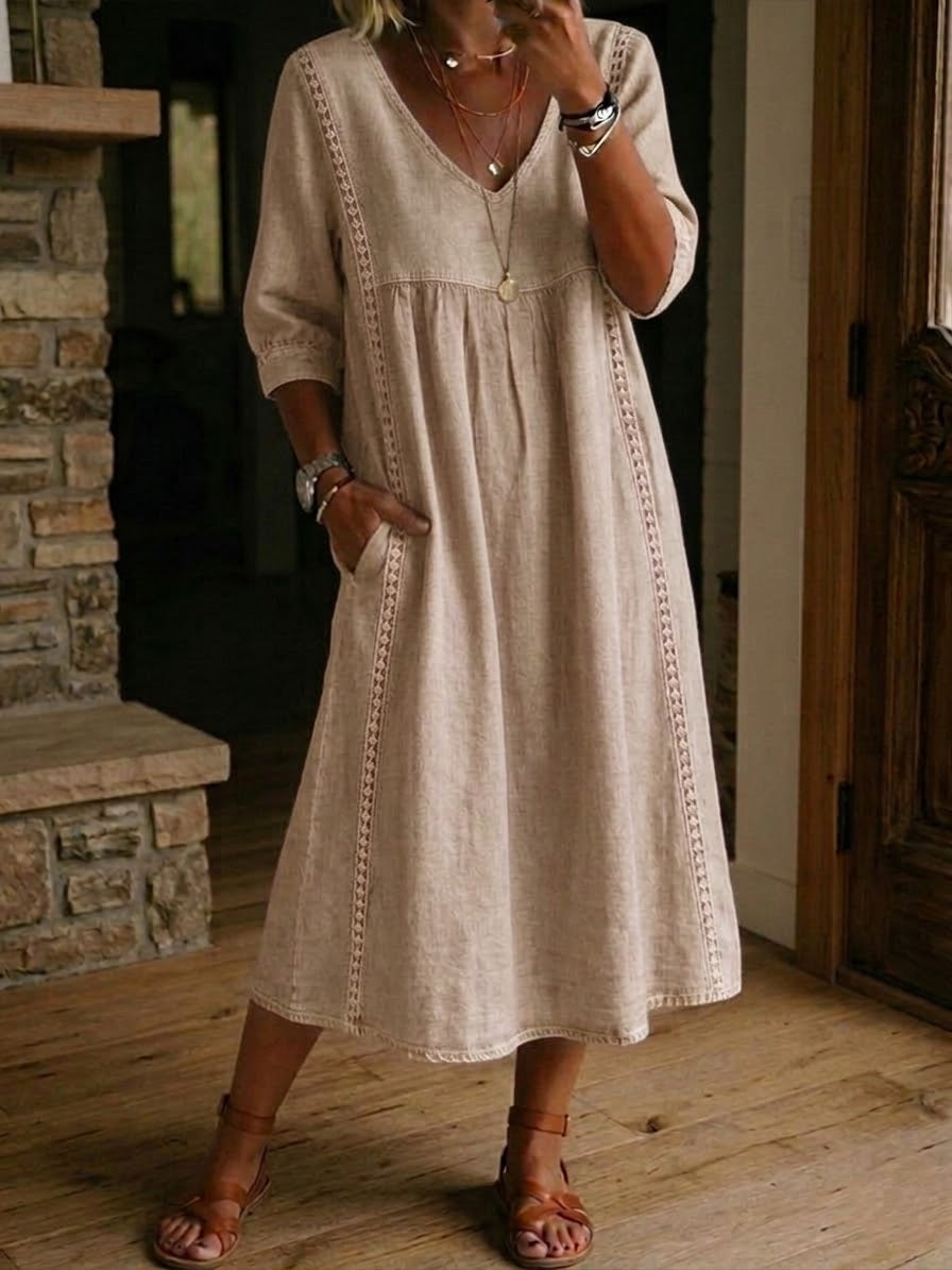 Antonia A-line maxi dress in sand, V-neck, 3/4 sleeves, gathered skirt.