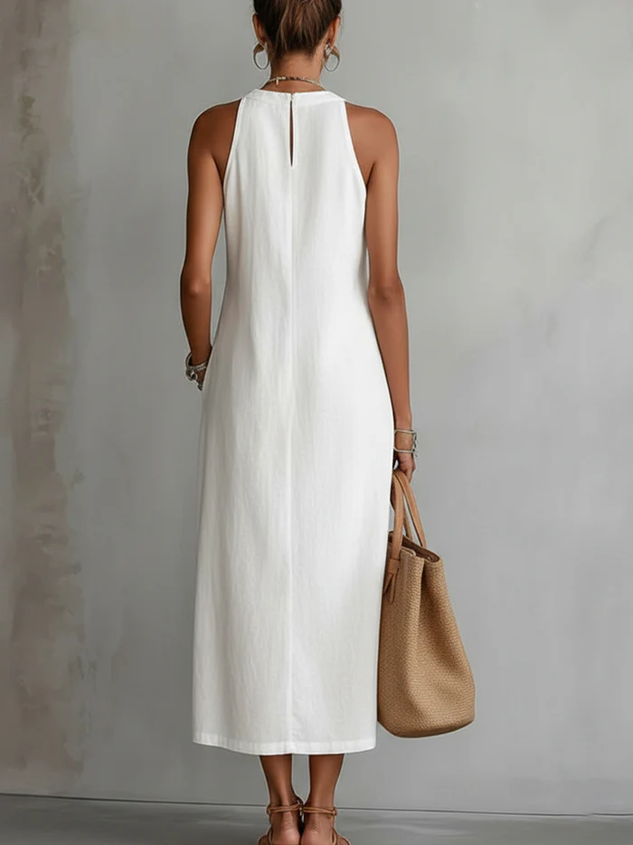 White sleeveless midi dress viewed from back, with Mao collar detail