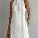 White sleeveless midi dress with Mao collar and lace-like embroidered panel