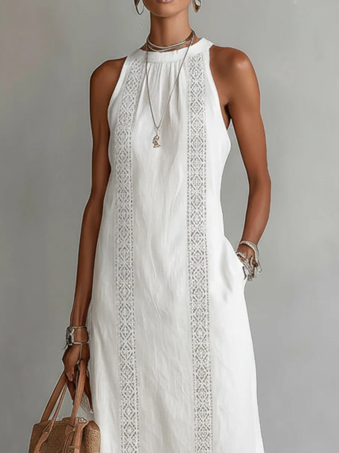 White sleeveless midi dress with Mao collar and lace-like embroidered panel
