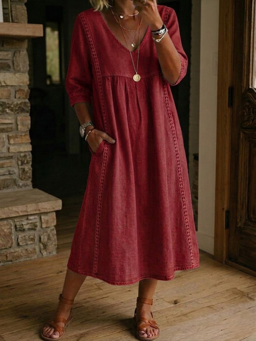 Antonia A-line maxi dress in burgundy, V-neck, 3/4 sleeves, gathered skirt.