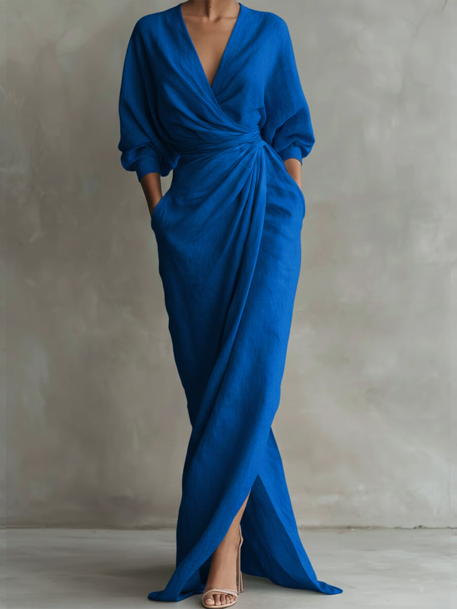 Blue wrap maxi dress with V-neck, gathered waist and long puff sleeves