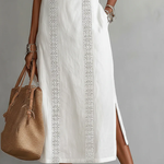 White sleeveless midi dress with Mao collar, embroidered stripes and side slit