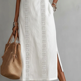 White sleeveless midi dress with Mao collar, embroidered stripes and side slit