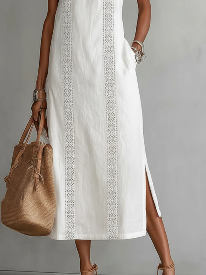 White sleeveless midi dress with Mao collar, embroidered stripes and side slit