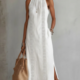 White sleeveless midi dress with Mao collar and embroidered vertical panel