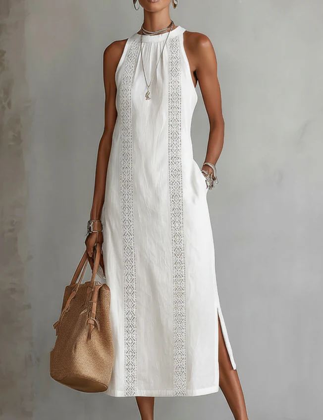 White sleeveless midi dress with Mao collar and embroidered vertical panel
