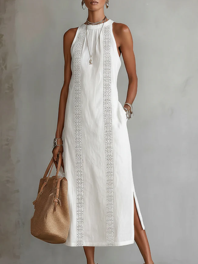 White sleeveless midi dress with Mao collar and embroidered vertical panel