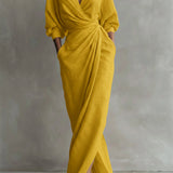 Yellow wrap maxi dress with V-neck, gathered waist and long puff sleeves