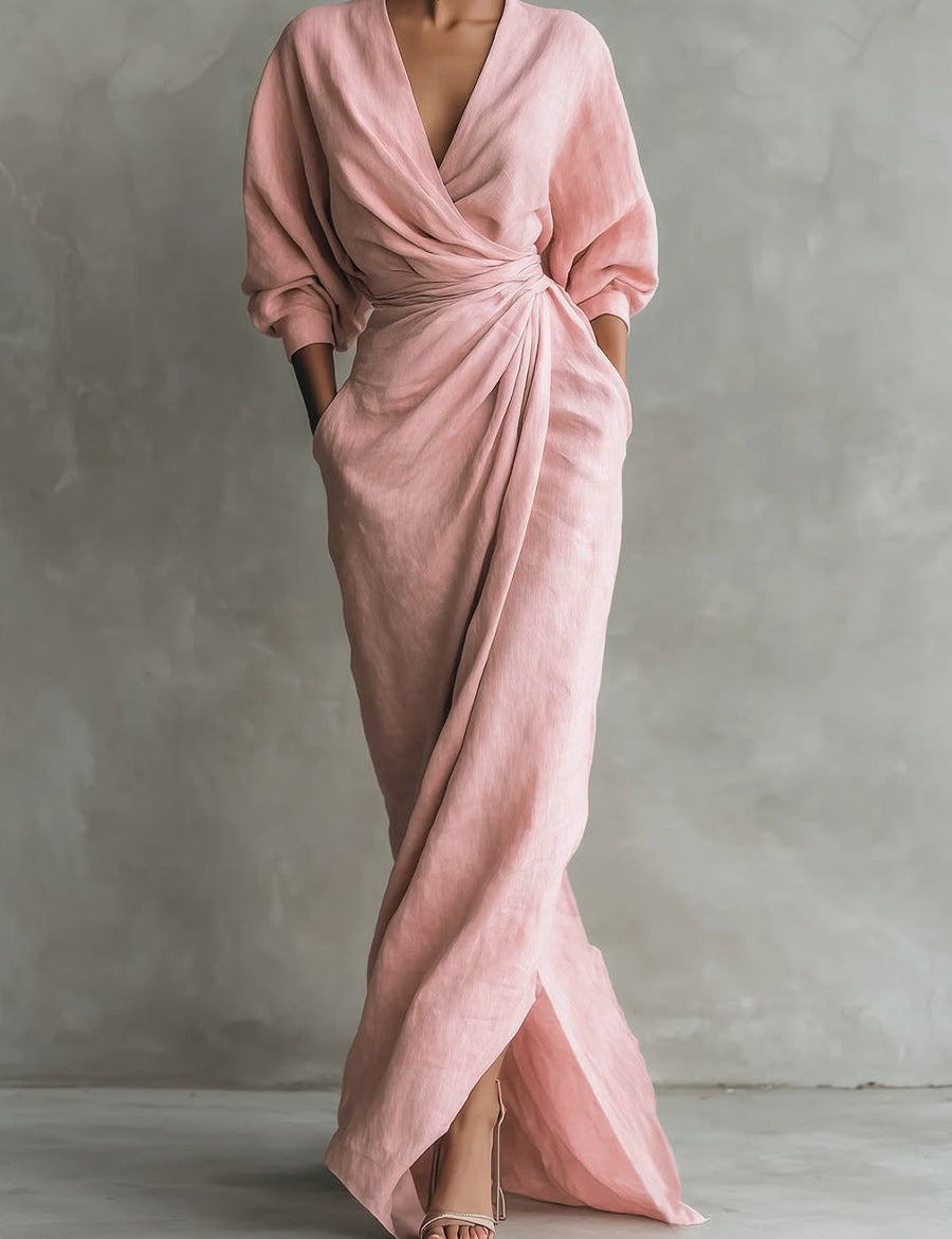 Pink wrap maxi dress with V-neck, gathered waist and long puff sleeves