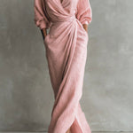 Pink wrap maxi dress with V-neck, gathered waist and long puff sleeves