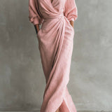 Pink wrap maxi dress with V-neck, gathered waist and long puff sleeves