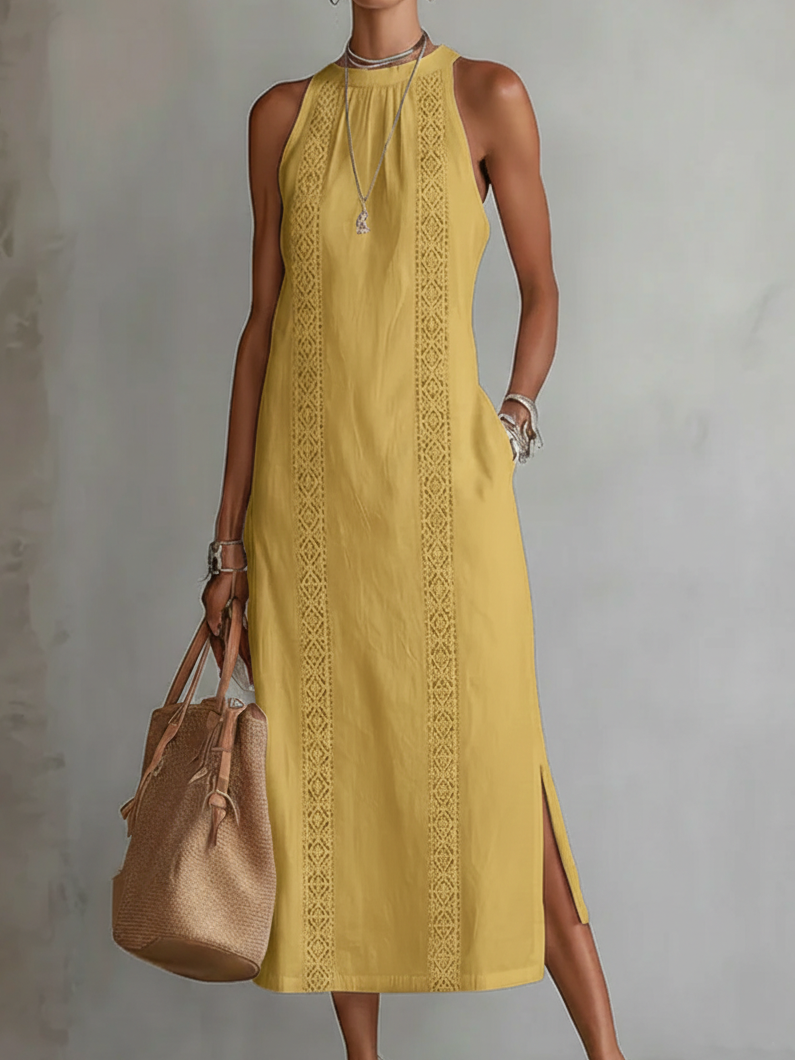 Mustard yellow sleeveless midi dress with Mao collar and embroidered vertical panel