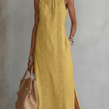 Mustard yellow sleeveless midi dress with Mao collar and embroidered vertical panel
