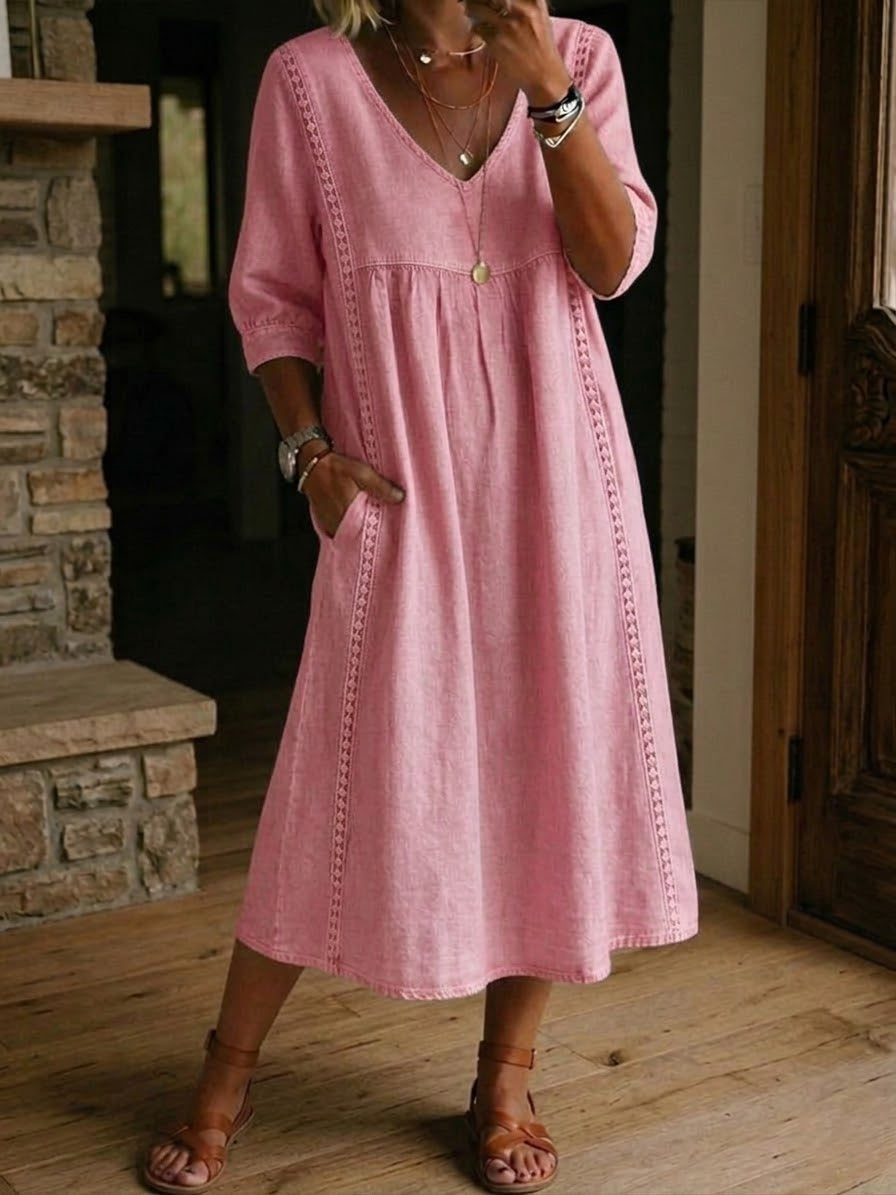 Antonia A-line maxi dress in blush pink, V-neck, 3/4 sleeves, gathered skirt.