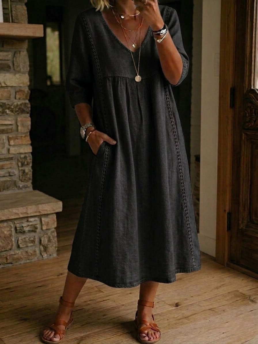 Antonia A-line maxi dress, dark solid color, 3/4 sleeves with gathered bodice