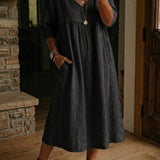 Antonia A-line maxi dress, dark solid color, 3/4 sleeves with gathered bodice