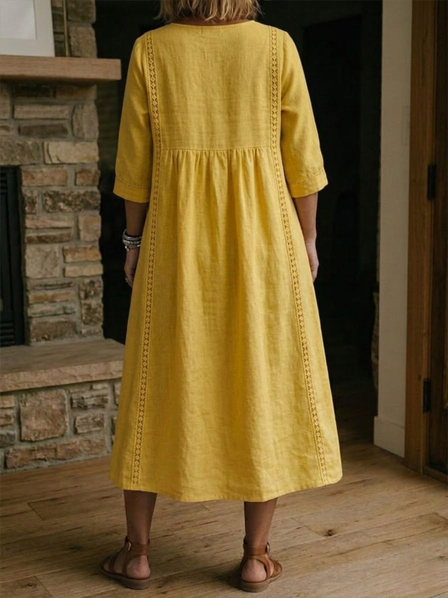 Antonia A-line maxi dress, mustard solid color, 3/4 sleeves, yoke seam at back