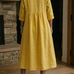 Antonia A-line maxi dress, mustard solid color, 3/4 sleeves, yoke seam at back