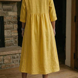 Antonia A-line maxi dress, mustard solid color, 3/4 sleeves, yoke seam at back