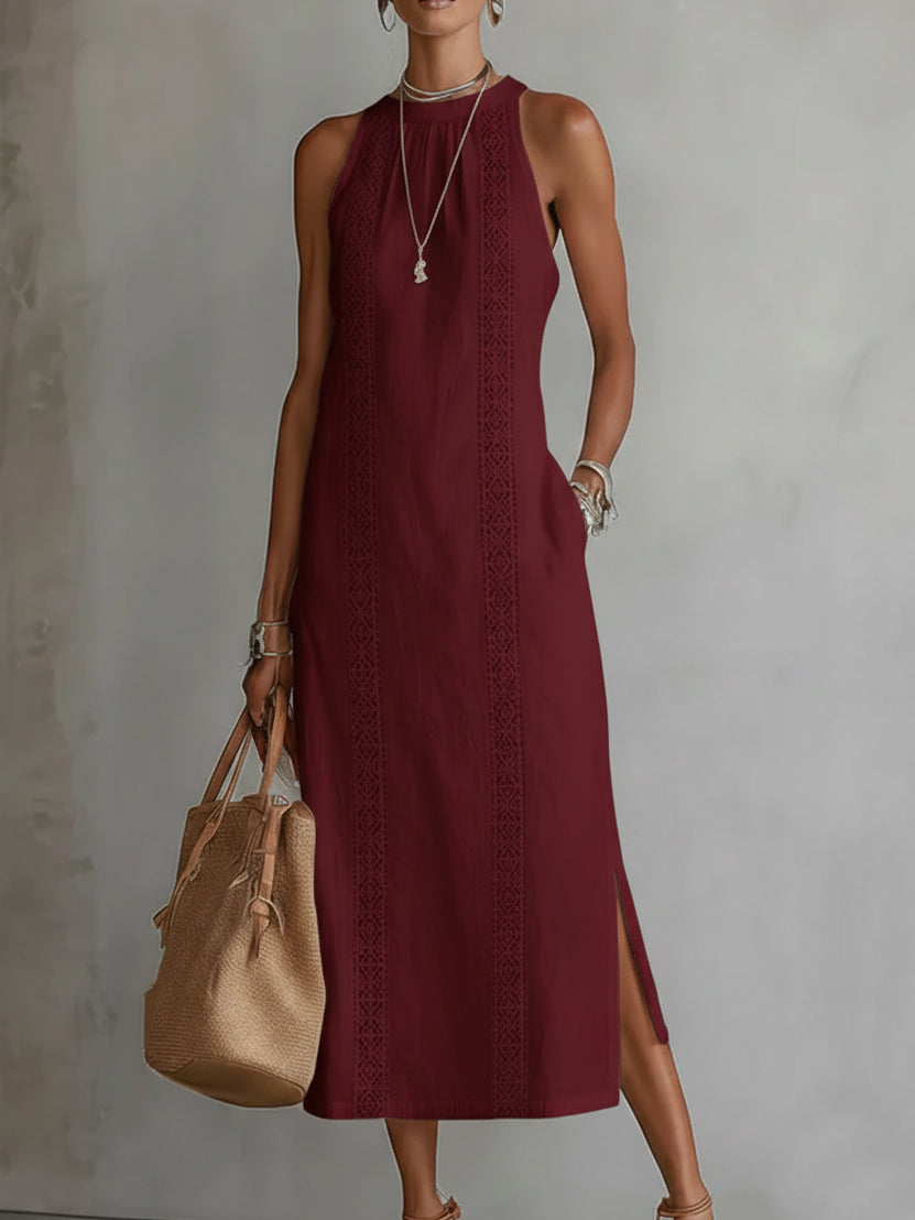 Burgundy sleeveless midi dress with Mao collar and textured embroidered panel