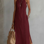 Burgundy sleeveless midi dress with Mao collar and textured embroidered panel