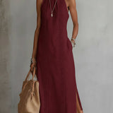 Burgundy sleeveless midi dress with Mao collar and textured embroidered panel