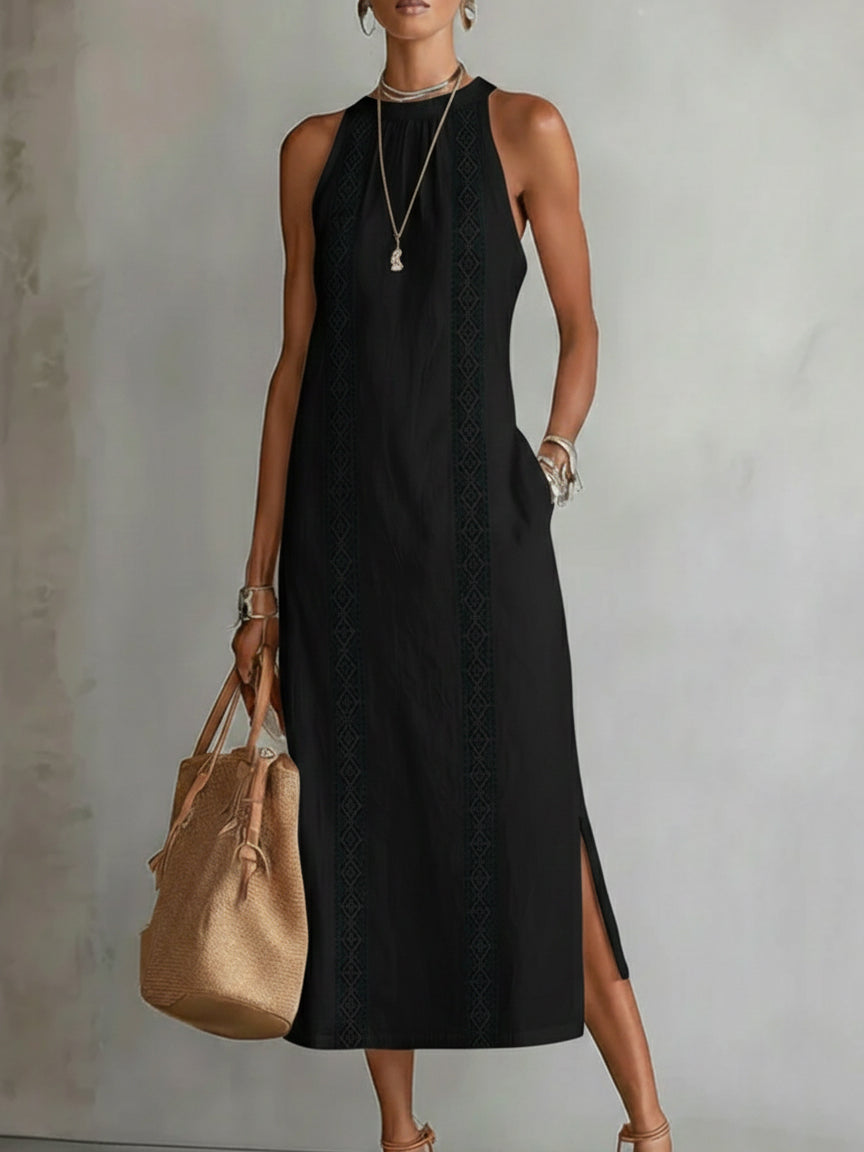 Black sleeveless midi dress with Mao collar and embroidered side panel