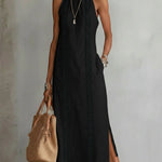 Black sleeveless midi dress with Mao collar and embroidered side panel