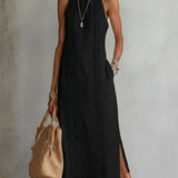 Black sleeveless midi dress with Mao collar and embroidered side panel