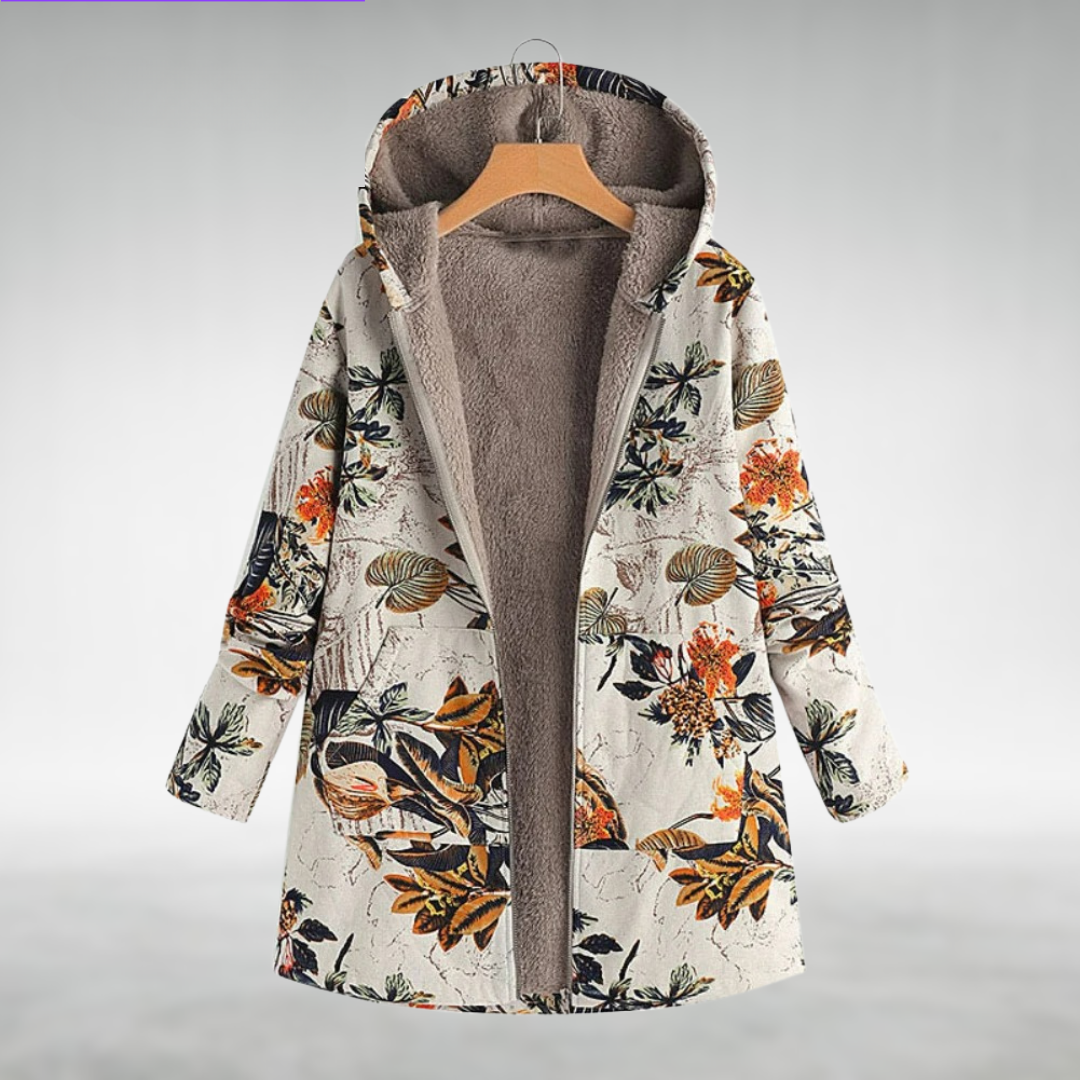 Floral hooded fleece jacket, white base with long sleeves and zip front