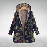 Floral hooded fleece jacket, navy base with long sleeves and zip front
