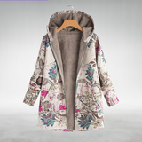Floral hooded fleece jacket, light base with long sleeves and zip front