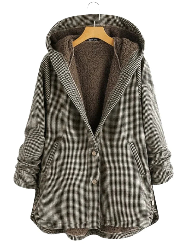 Elise™ hooded jacket in gray-green check with brown fleece lining and button front