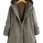 Elise™ hooded jacket in gray-green check with brown fleece lining and button front