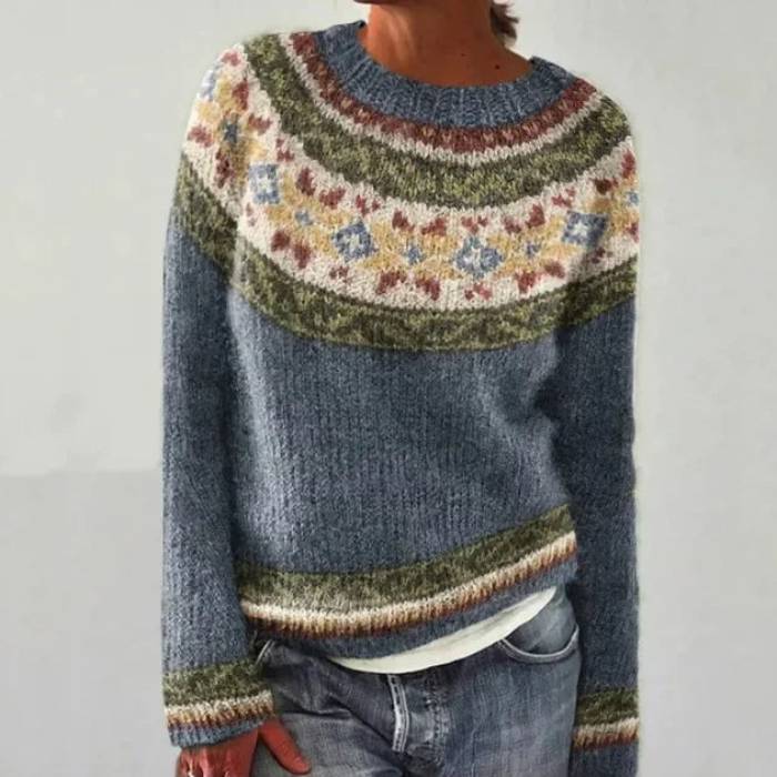 Ella™ retro knit sweater, crewneck with multicolor fair isle stripes, long sleeves